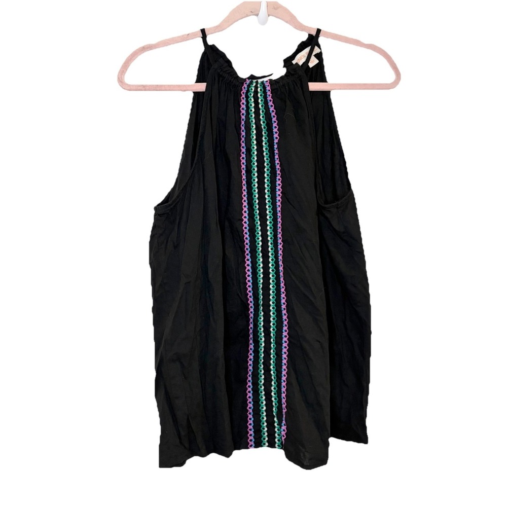 Knox‎ Rose Women Tank Top L Black Stripe Boho Strap High Neck Pullover Artsy